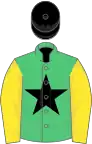 Emerald green, black star, yellow sleeves, black cap