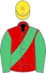 Red, emerald green sash and sleeves, quartered cap