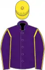 Purple, yellow seams on sleeves, yellow cap