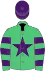 Emerald green, purple star, hooped sleeves, purple cap