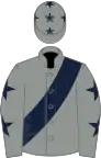 Grey, dark blue sash, dark blue stars on sleeves, grey cap, dark blue stars