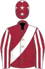 Maroon, white sash, striped sleeves, stars on cap