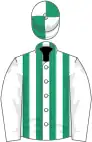 White, emerald green striped, white sleeves, white cap, emerald green quartered