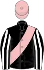 Black, pink sash, black and white striped sleeves, pink cap