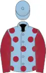 Light blue, maroon spots and sleeves, light blue cap