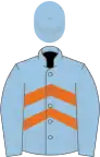 Light blue, orange chevrons, light blue sleeves and cap