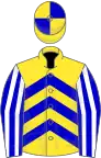 Yellow, blue chevrons, blue and white striped sleeves, yellow and blue quartered cap