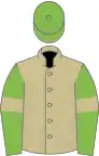 Beige, light green sleeves, beige armlets, light green cap