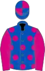 Royal blue, cerise spots and sleeves, quartered cap