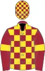 Maroon and yellow check, maroon sleeves, yellow armlets