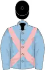 Light blue, pink cross belts, black cap