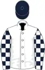 White, dark blue and white check sleeves, dark blue cap