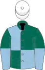 Dark Green and Light Blue (quartered), halved sleeves, White cap