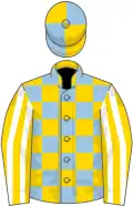 Light blue and yellow check, yellow and white striped sleeves, light blue and yellow quartered cap