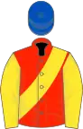 Scarlet, yellow sash and sleeves, royal blue cap