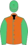 Orange, emerald green seams, sleeves and cap