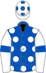 Royal blue, white spots, white sleeves, royal blue armlet, white cap, royal blue spots