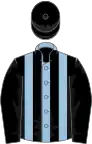 Light blue and black stripes, black sleeves and cap