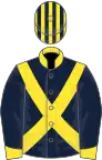 Dark blue, yellow cross sashes, collar and cuffs, striped cap