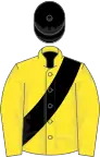 Yellow, black sash, black cap