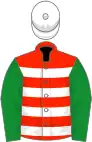 Scarlet and white hoops, green sleeves, white cap