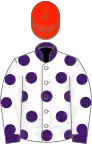 White, purple spots, collar and cuffs, scarlet cap