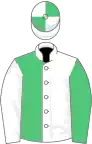 WHITE and EMERALD GREEN HALVED, sleeves reversed, quartered cap