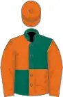 Dark green and orange (quartered), orange sleeves and cap