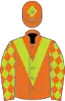 Orange, lime green chevron, diamonds on sleeves and diamond on cap