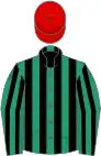 Emerald green and black stripes, red cap