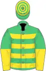 Emerald green, yellow hoops, halved sleeves