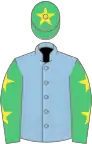 Light blue, emerald green sleeves, yellow stars, emerald green cap, yellow star