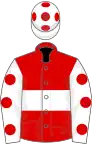 Red, white hoop, white sleeves, red spots, white cap, red spots