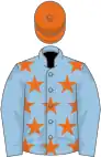 Light blue, orange stars, light blue sleeves, orange cap