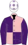 Pink and purple (quartered), purple sleeves, white cap, mauve spots