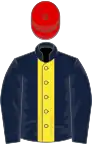 Dark blue, yellow stripe, red cap