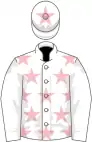 White, pink stars, white sleeves, white cap, pink star