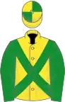 Yellow, green cross-belts and sleeves, quartered cap