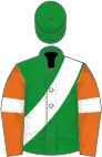 Green, white sash, orange sleeves, white armlets, green cap