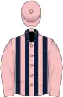 Pink, dark blue stripes, pink sleeves and cap