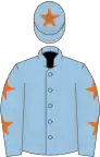 Light blue, orange stars on sleeves, light blue cap, orange star