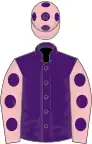 Purple, pink sleeves, purple spots, pink cap, purple spots