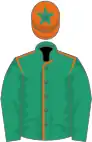 Emerald green, orange seams, emerald green sleeves, orange cap, emerald green star