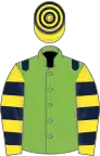 Light green, dark blue epaulets, yellow and dark blue hooped sleeves and cap