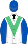 White, emerald green chevron, royal blue sleeves and cap