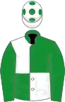 Green and white quartered, green sleeves, white cap, green spots