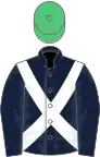 Dark blue, white cross sashes, emerald green cap