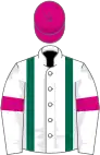 White, dark green braces, white sleeves, cerise armlets, cerise cap