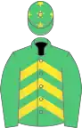 Emerald green,yellow chevrons, emerald green sleeves, emerald green cap, yellow stars