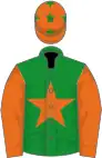 Green, orange star, orange sleeves, ornage cap, green stars